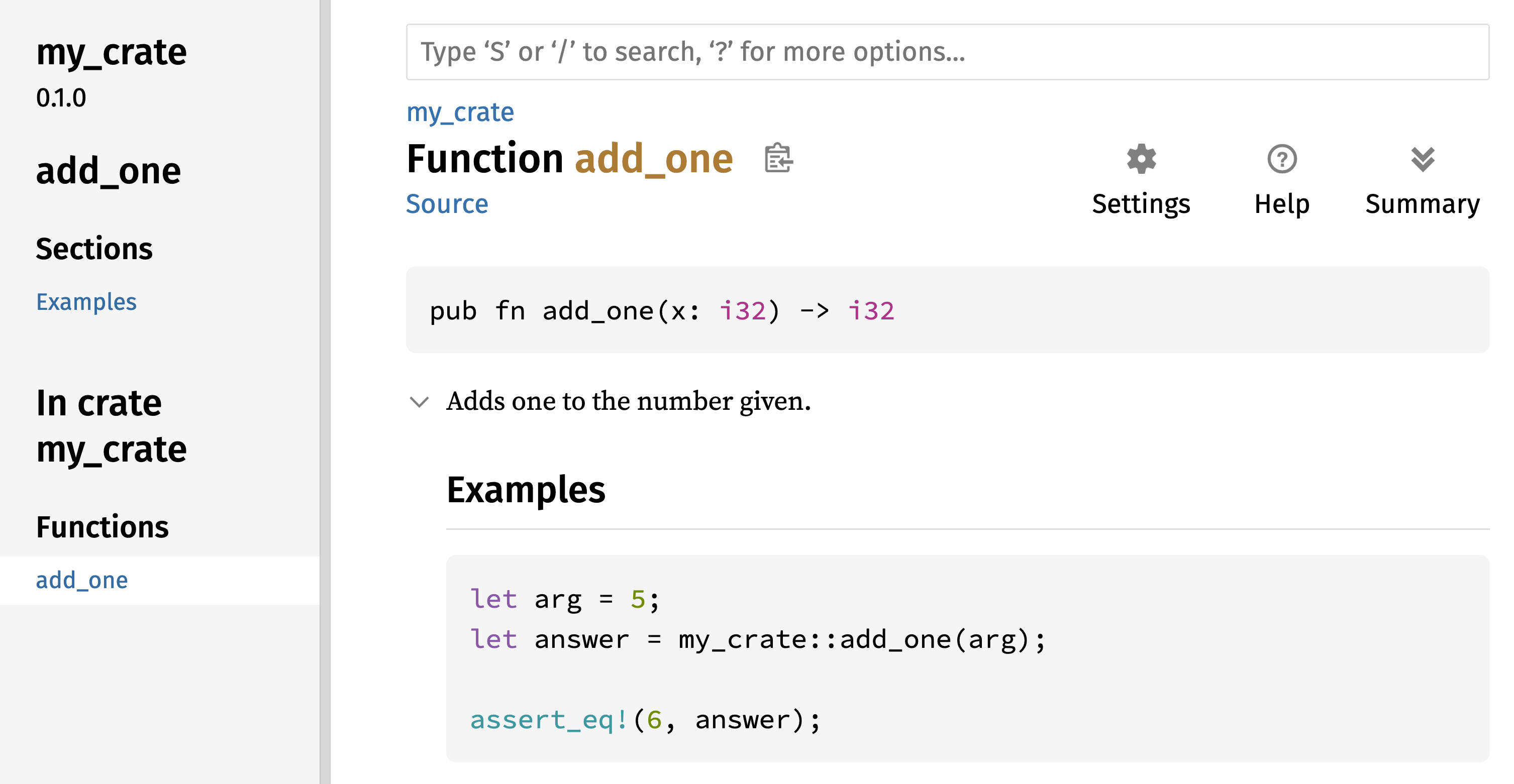 HTML-документация для функции `add_one`` my_crate`